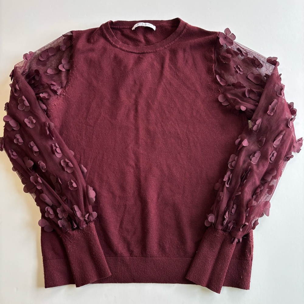 M1 Sioni Milano Burgundy Appliqué Knit Sweater 3D Floral Sleeve Blouse XS‎